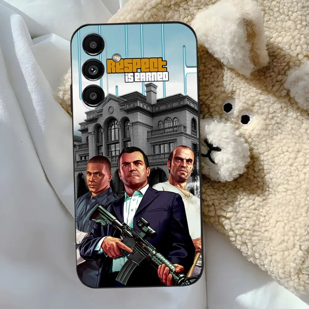 حافظة هاتف G-GTA V Game لهاتف سامسونج S24,23,22,30,21,10,9,Ultra,Plus,Lite,FE,5G حافظة سوداء ناعمة