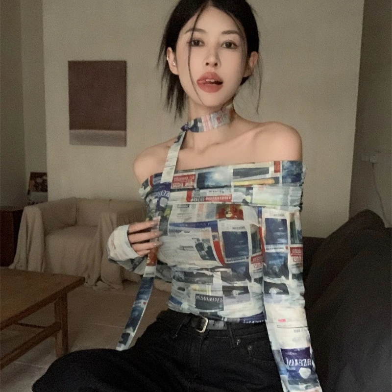 Retro Printed T-shirts Women Slash Neck Office Lady Long-sleeved Tops 2024 Spring and Summer Slim Thin Daily Basic Blouse Female
