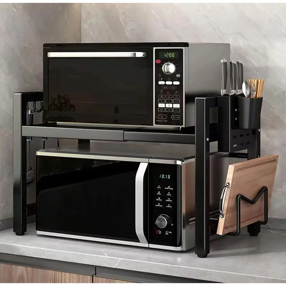 Expandable Microwave Stand with Storage Shelf, 6 Hooks, Chopsticks Holder, Kitchen Countertop