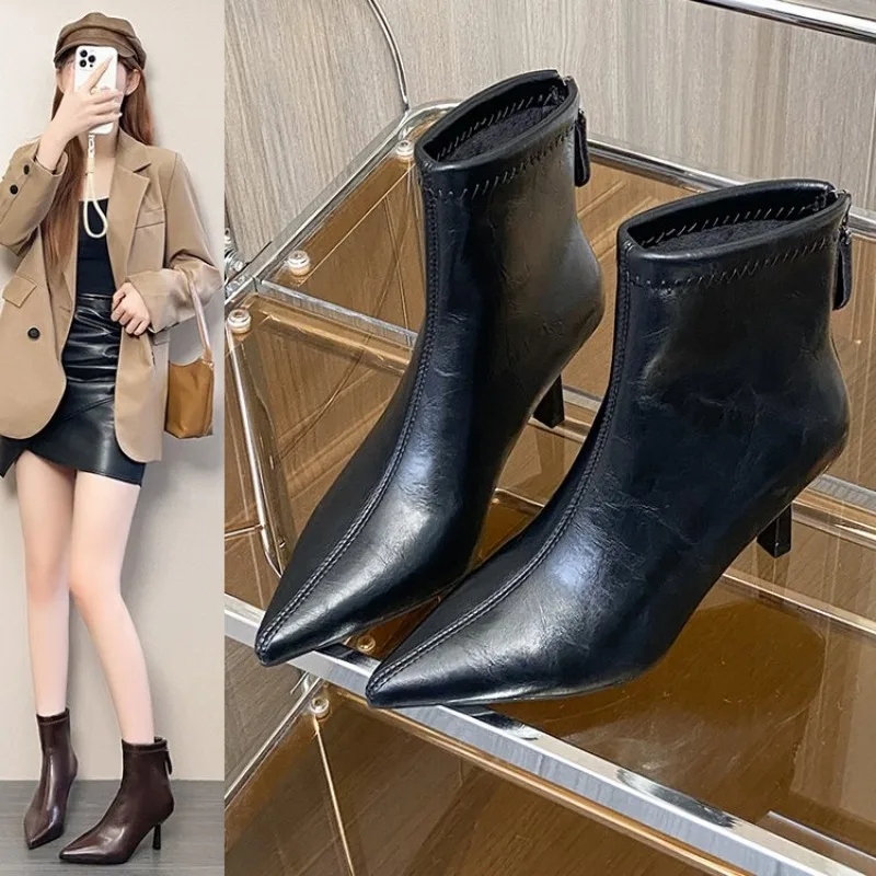 

2026 Women Fashion Chelsea Ankle Boots Basic High Heels Boots Pointed Toe Shoes Women Band Non-slip Comfortable Boots New 40