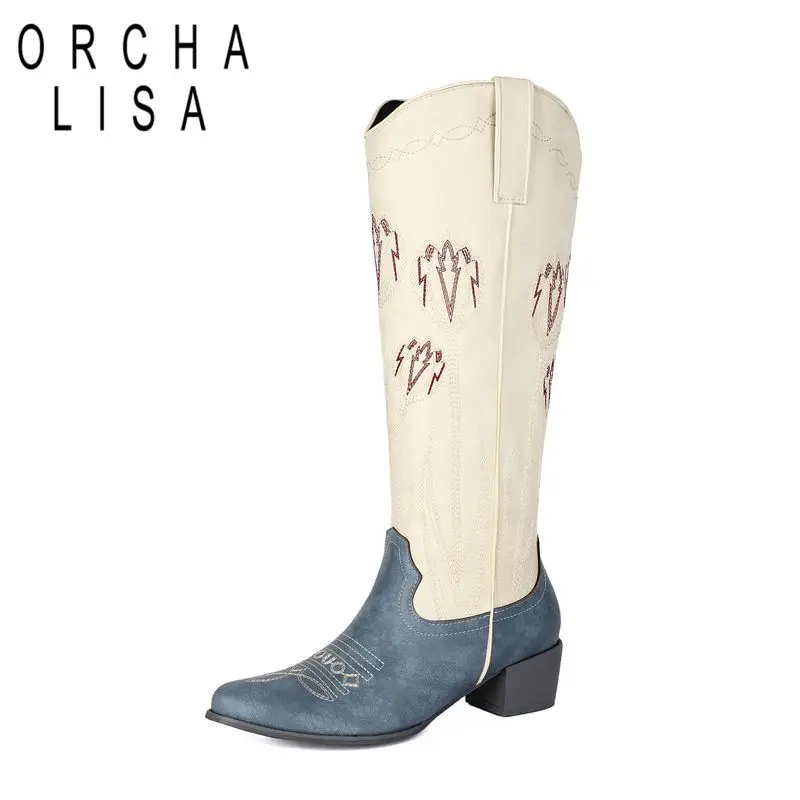 Botas vaqueras ORCHA LISA de color beige, estilo western, con punta afilada, tacón de 4,5 cm, diseño sin cordones, combinación de colores, bordados, talla grande 41, 42, 43, botas casuales.