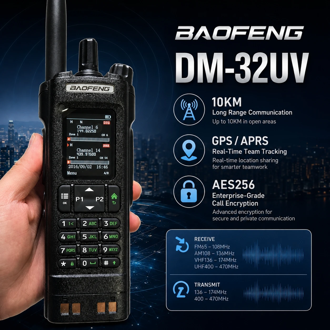 BAOFENG DM-32UV DMR Radio VHF UHF Two Way Walkie Talkie GPS Emergency Communication Outdoor Travel Hiking Camping