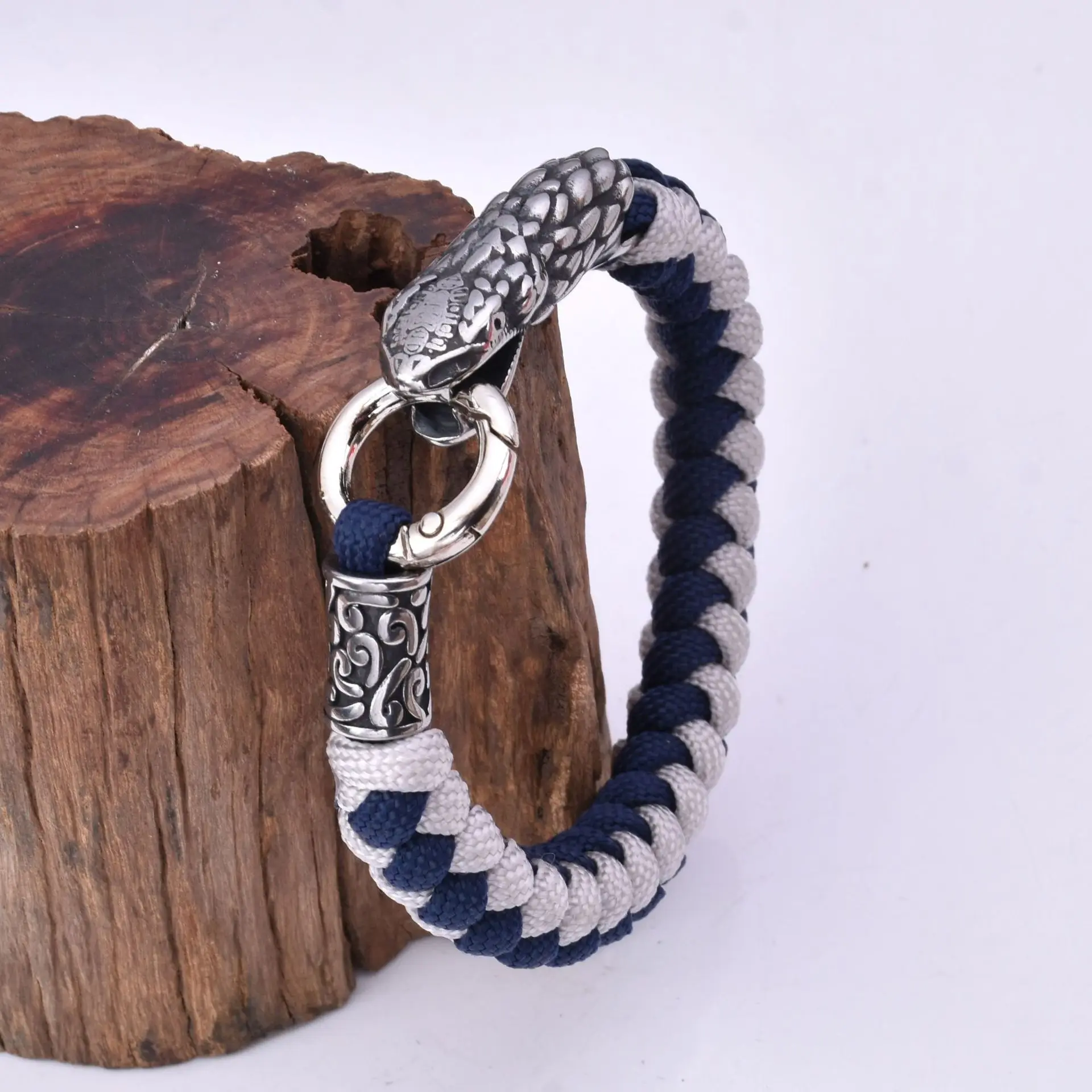 Men's stainless steel Viking snake head bracelet hand-crafted paracord braided outdoor survival bracelet