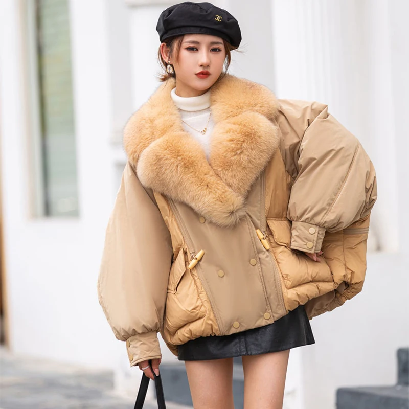 Down Jacket Women's 2023 Removable Fox Fur Collar Medium Length Casual Loose Drawstring Big Pocket Warm Real Fur Coat Female