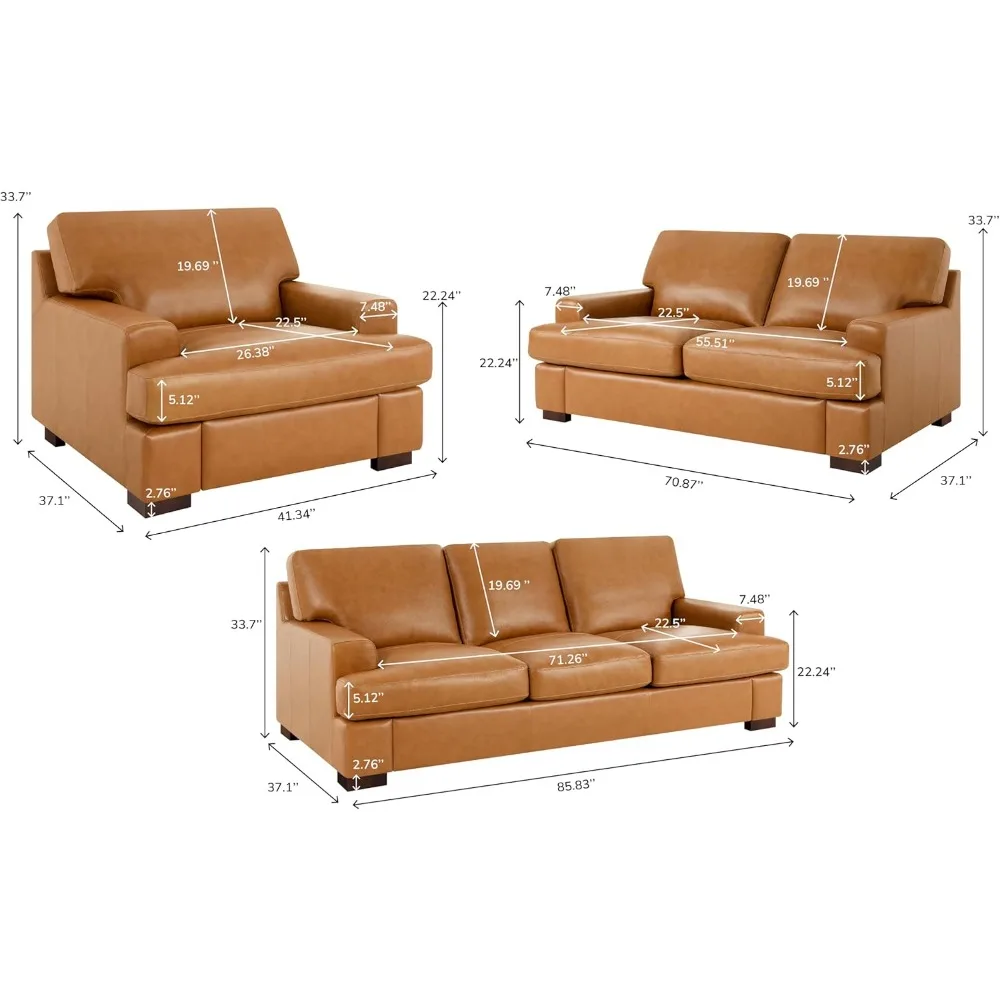 Genuine Leather Sofa - Set of 3 Luxurious Comfort, Goose Feather Cushion Filling,Square Arm Design,Sturdy Block Legs,Elegant Tan