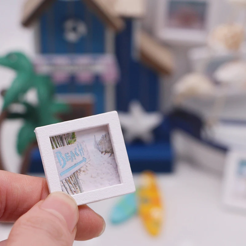 ドールハウスミニチュアフォトフレーム,風景,壁画,壁の装飾,モデルの装飾,おもちゃの人形,家の付属品,夏,ビーチ,1:12, 4個,9個