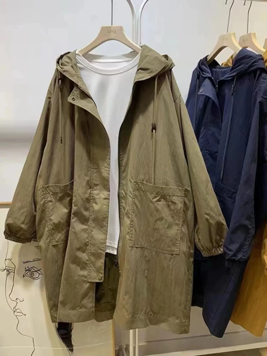 

plus Size Women's Casual Hooded Coat Mid-Length Lantern Sve Windbreaker with Large kets Color Commute Sle