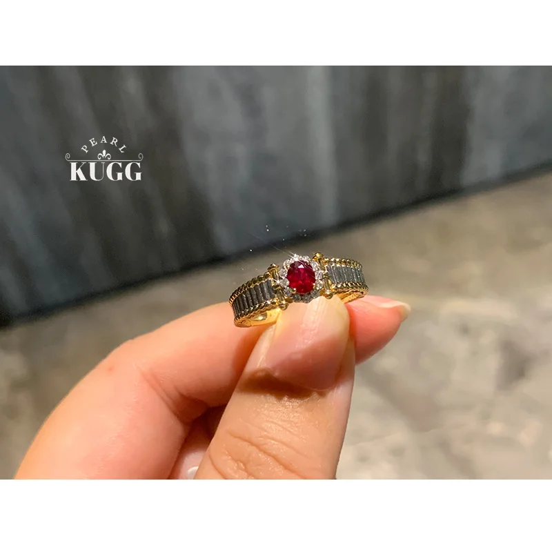 

KUGG 100% 18K Yellow Gold Rings Elegant Romantic Style Real Natural Ruby Ring for Women Wedding High Party Jewelry