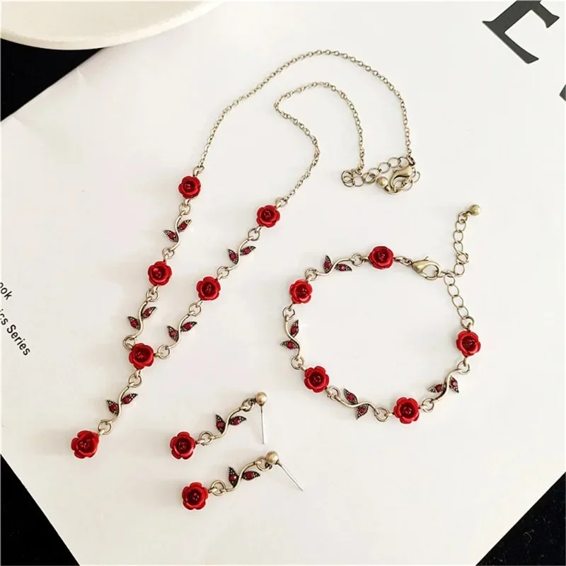 Luxurious Design Rose Flower Necklace Bracelet Earrings Set Elegant Women's Party Jewelry Accessories Valentine's Day Love Gifts