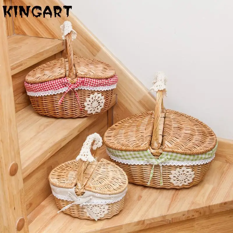 

Handmade Wicker Basket With Handle Wicker Outdoor Camping Picnic Basket Food Fruit Rattan Storage Basket Table Picnic Basket K02