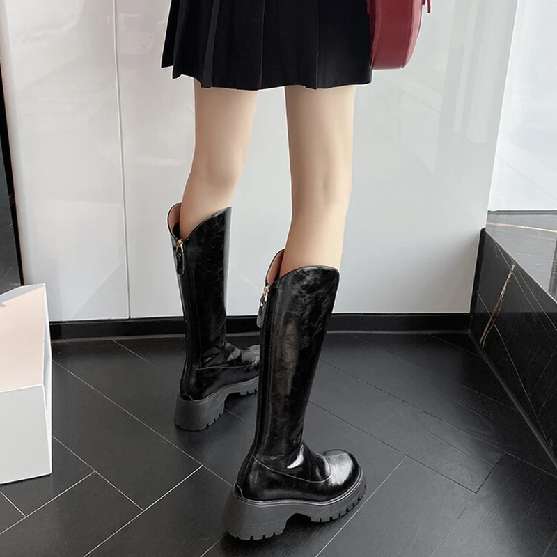 New Autumn Women\'s Boots Split Leather Shoes for Women Round Toe Chunky Heel Winter Women Boots Thick Heel Knee-High Boots Women