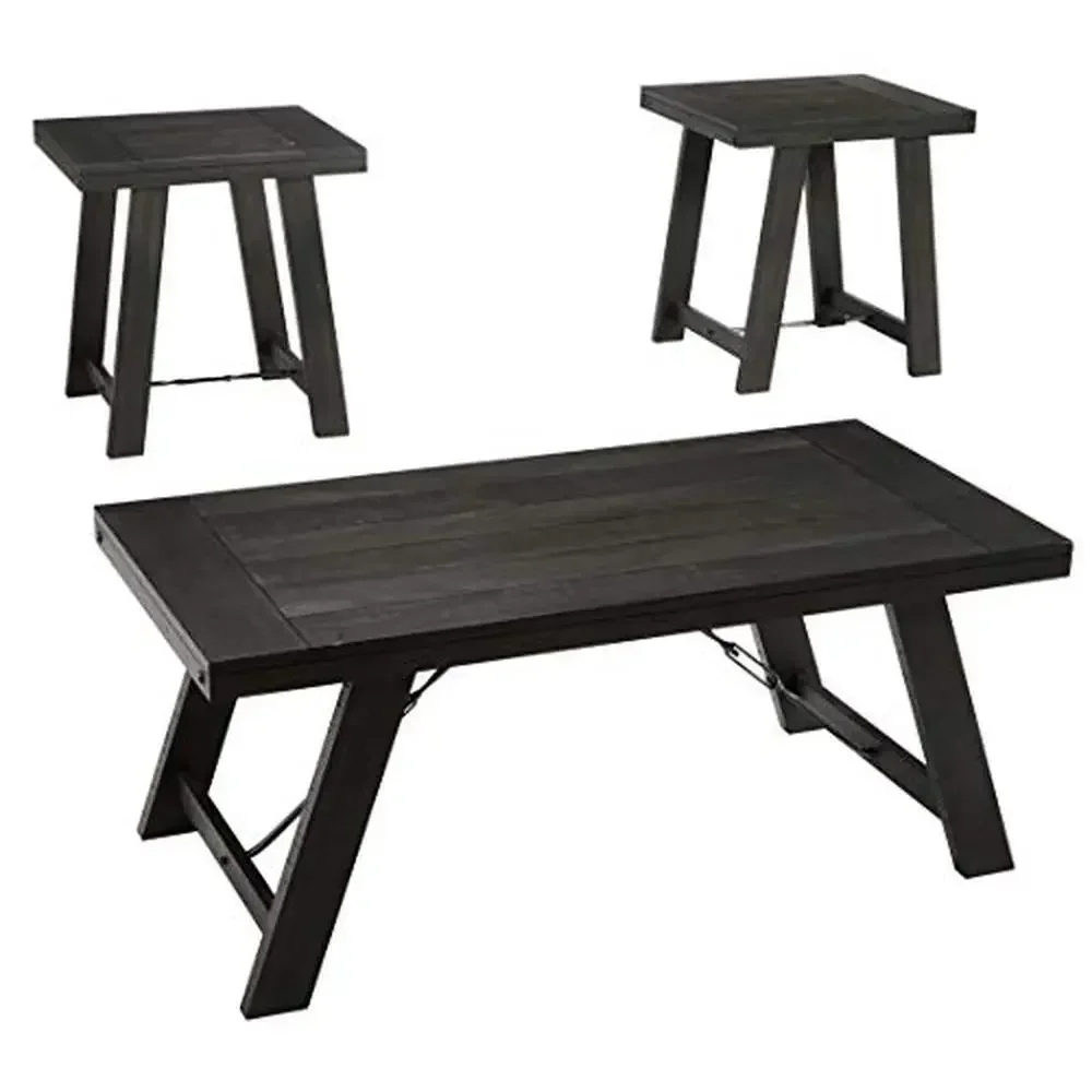 Black Farmhouse Acacia Wood 3-Piece Table Set with Canted Legs Coffee Table and 2 End Tables Industrial Charm Easy Assembly