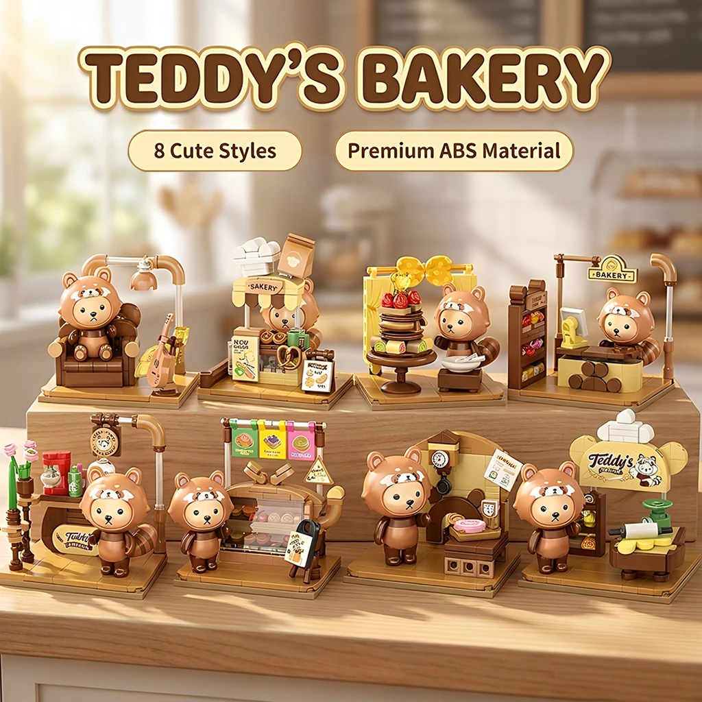 1 Piece Randomly Teddy Bakery Series Blind Box Mini Building Blocks Cute Bear Shop Scene Assembly Bricks Collectible Desktop Ornament Thanksgiving Christmas Halloween Holiday Gift