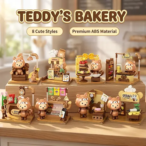1 Piece Randomly Teddy Bakery Series Blind Box Mini Building Blocks Cute Bear Shop Scene Assembly Bricks Collectible Desktop Ornament Thanksgiving Christmas Halloween Holiday Gift
