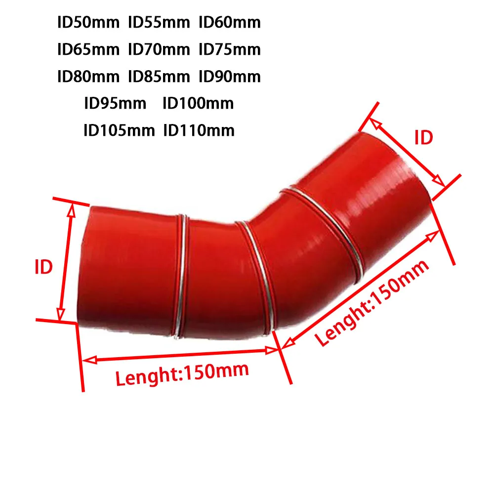 Red 45 ° high temperature and high pressure silicone hose intercooler turbocharger connection pipe intake pipe joint ID50-110mm