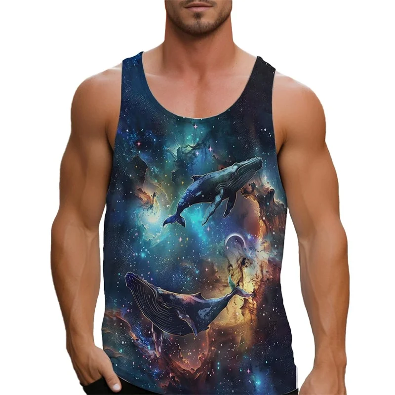 

3D Printed Sea Whales Tank Tops For Men Sun Moon Pattern Tees Summer Casual Loose Tops Street Sports O-Neck Vest Gym Workout