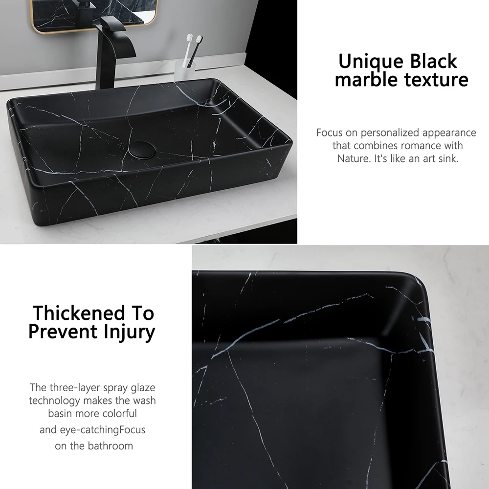 YANKSMART Ceramic Rectangular Bathroom Basin Vanity Counter Top Large Vessel Sink with Black Waterfall Faucet & Pop-up Drain Set