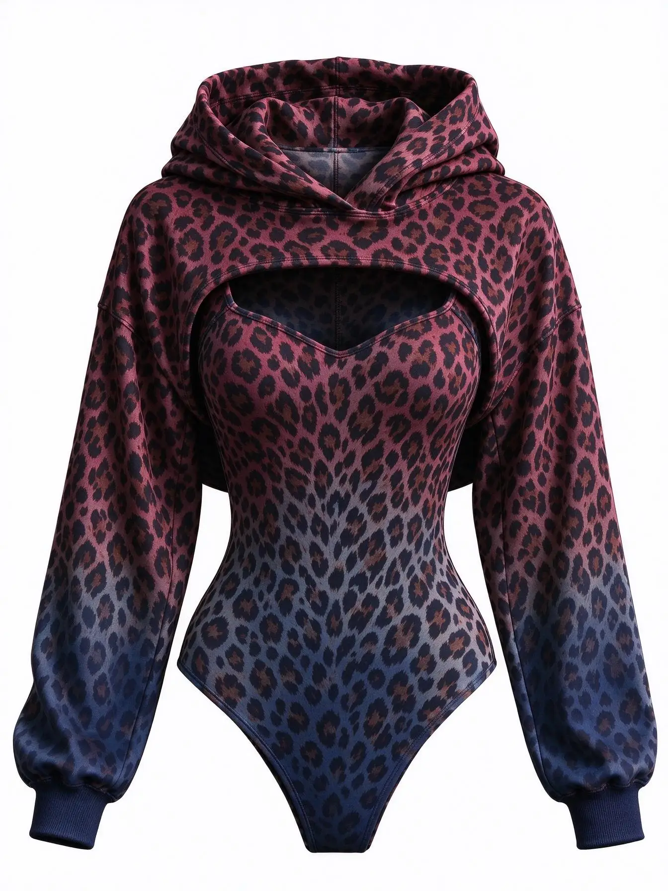 Women Gradient Leopard Print Double Hood Bodysuit Hollow Out Long Sleeve Hoodie