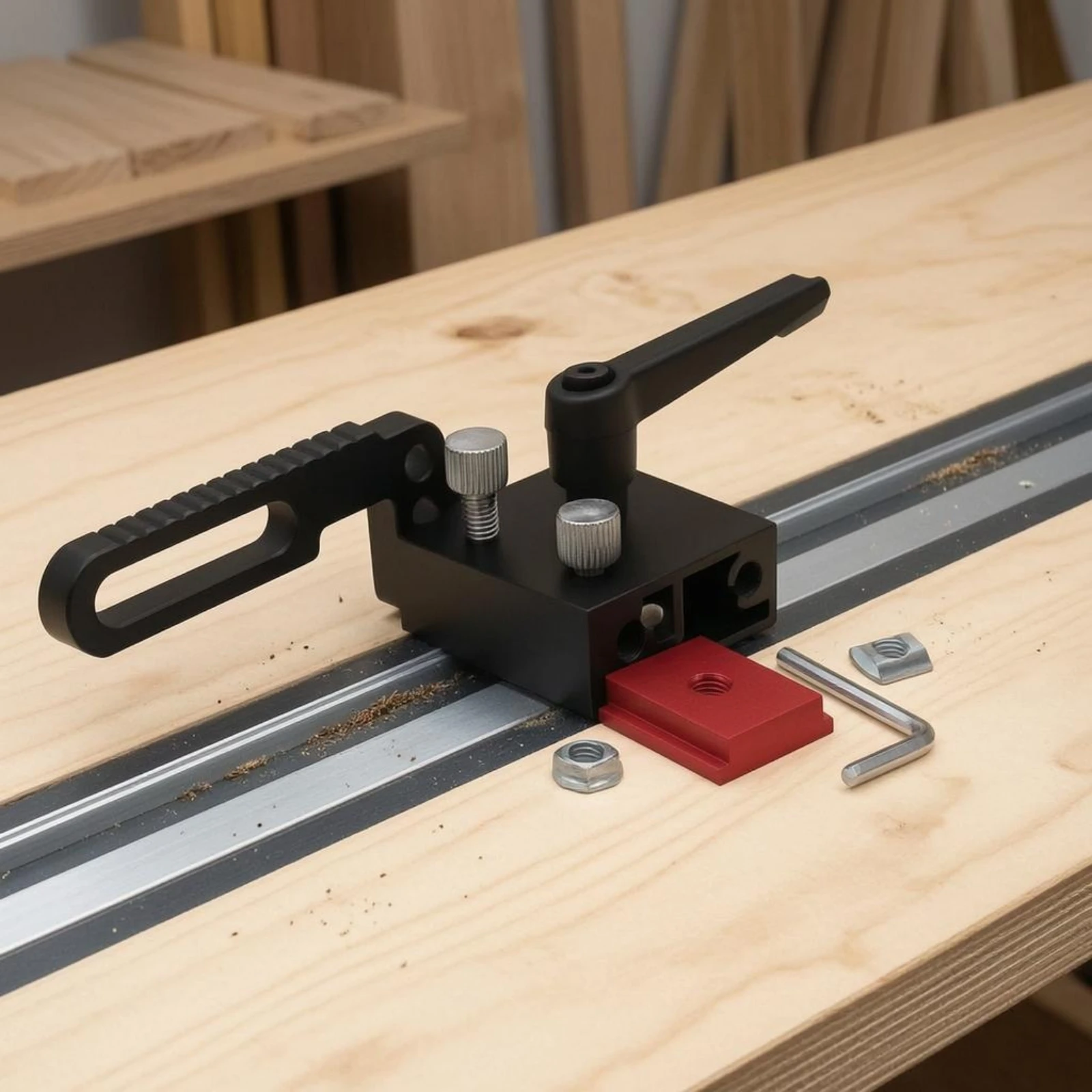 Table Saw Fence Stop Pivoting Lever Sliding Track Stop Backstop Locator Anodized Finish Power Tool Accessory Slide and Lock