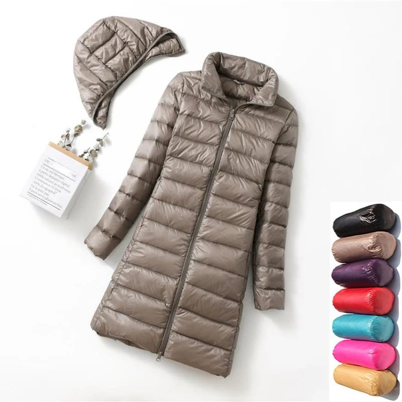 

Women Ultra Lightweight Packable Long Puffer Jacket 2025 New Autumn Winter Warm Hat Detachable Hooded Female Coat Parka 5XL