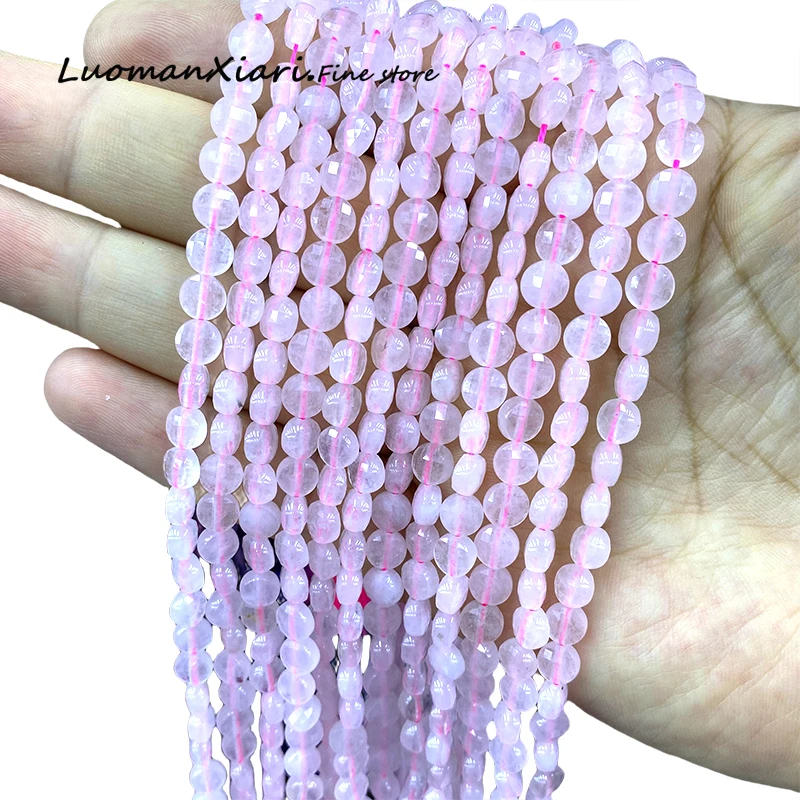 6mm Faceted Flat Round Natural Stone Rose Quartz Loose Coin Spacer Beads for Jewelry Making Diy Bracelet Charms Accessories