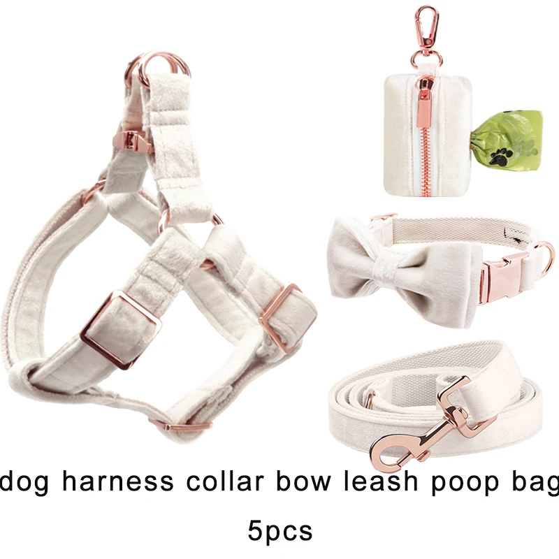 Personlized White Velvet Dog Harness Basic Dog Leash Adjustable Buckle Velvet Dog Collar with Bow for Dog or Cat