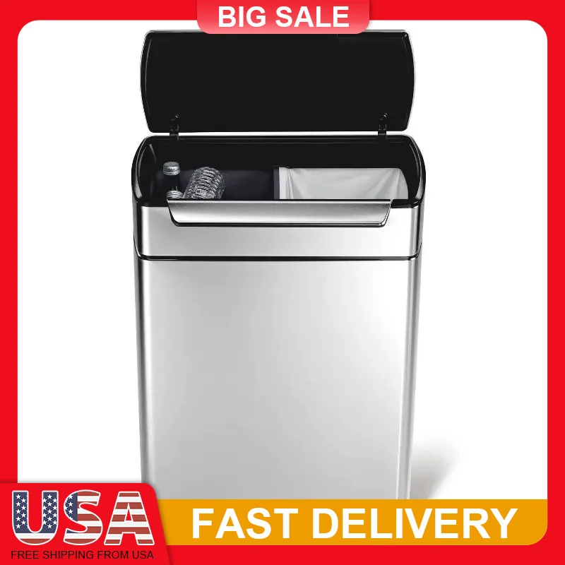 

48L Dual Compartment Step Trash Can Stainless Steel Touch Bar Kitchen Recycler with Wide Opening Fingerprint Proof