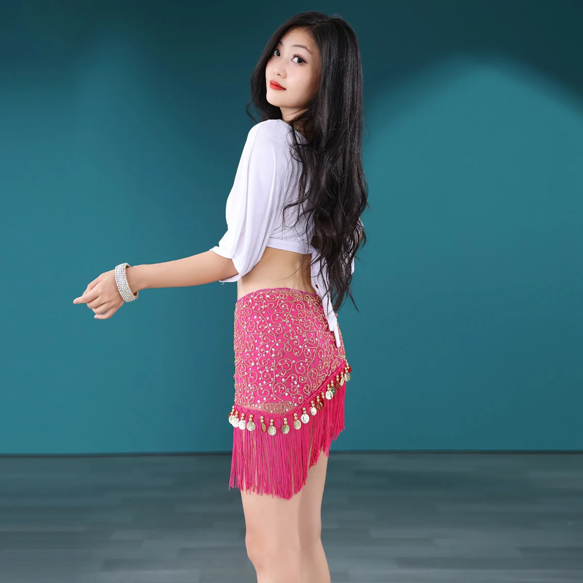 Cadena de cintura de danza del vientre, ropa de práctica femenina, bufanda de cadera, bufanda triangular para principiantes, bordado de cuentas, borla, cinturón, sello de cintura