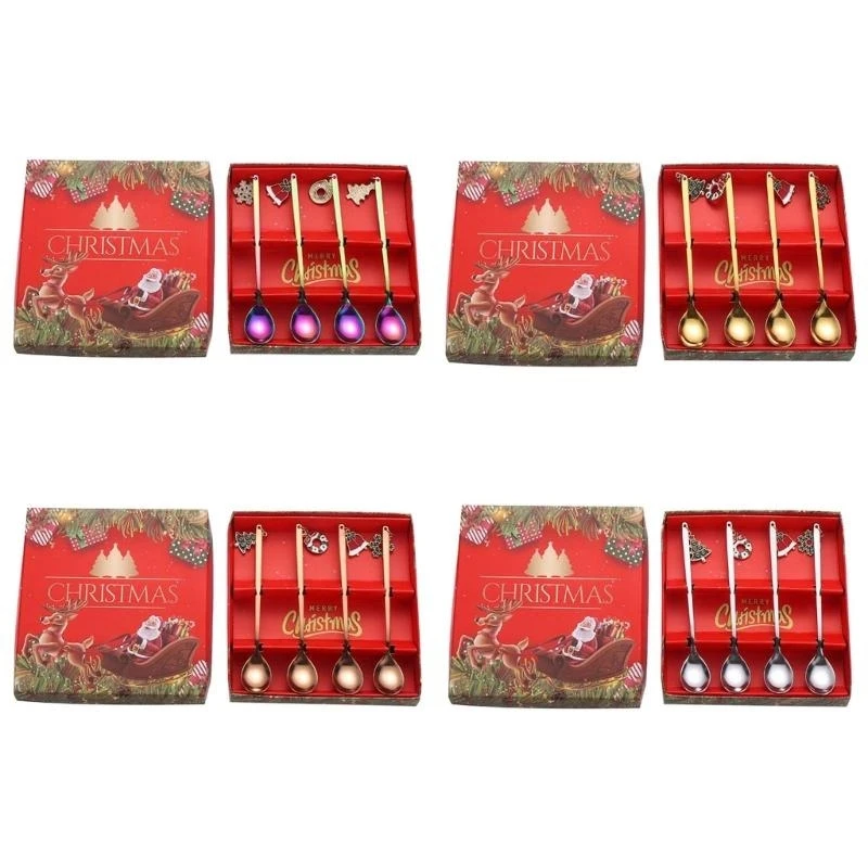  4PCS Christmas Themed Dessert Spoons Ice Cream Coffee Spoons 4 Colors to Choose