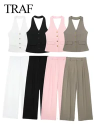 TRAF Women 2 Piece Set Halter Neck Single-Breasted Pocket Sleeveless Halter Vest Tops+High Waist Zipper Pockets Wide Leg Pant