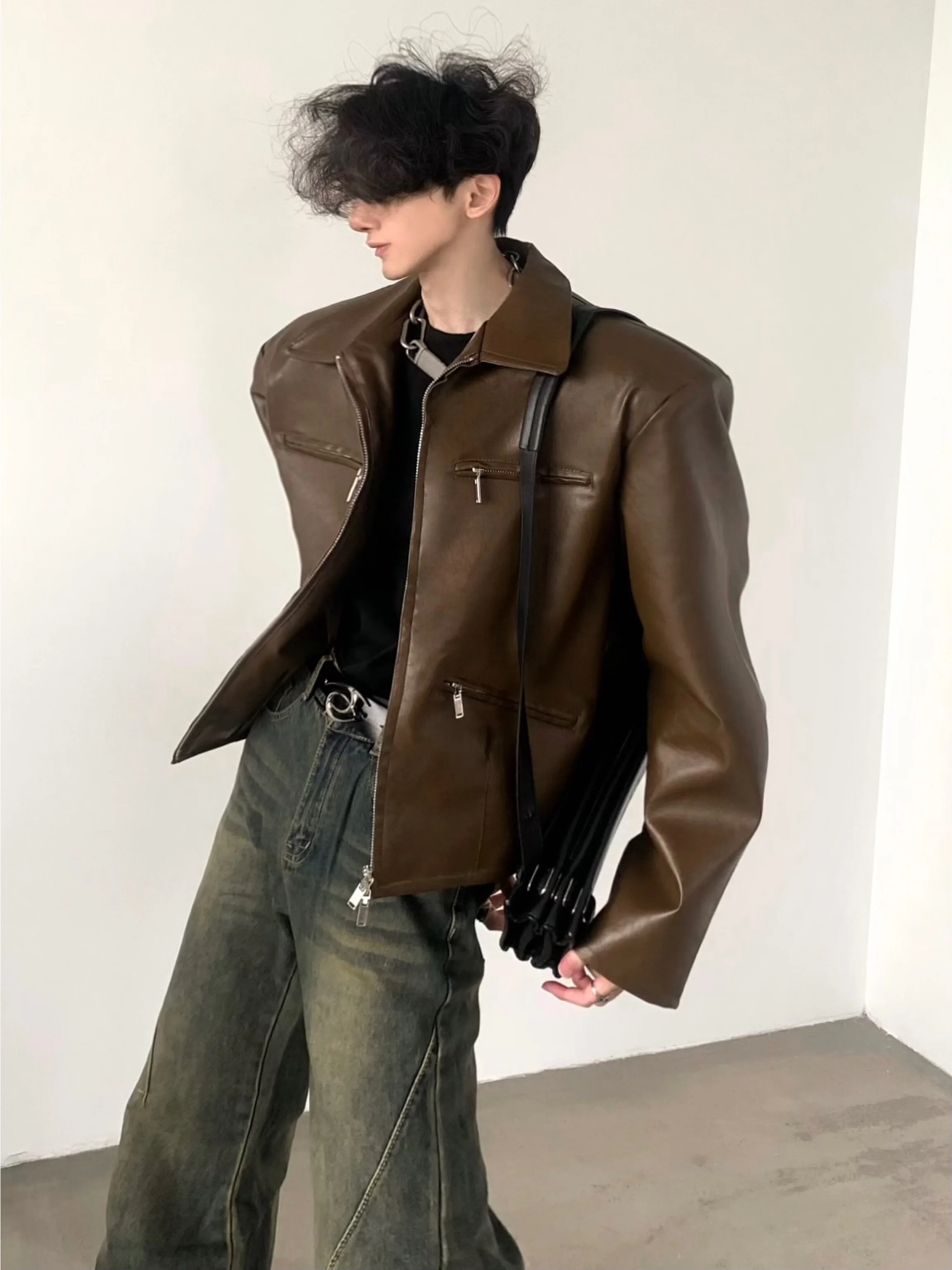 Fall Mountain Wind Brown Leather Jacket Men's Short Padded Shoulder American Retro Design Fashionable Casual Youth Style