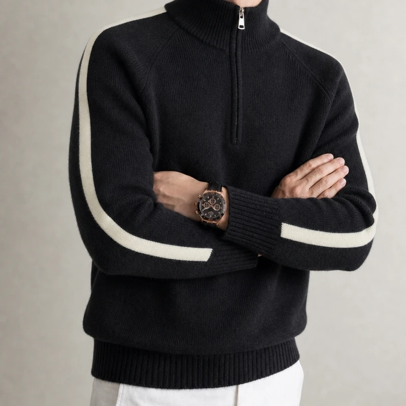 High Quality Zipper Semi High neck Sweater Men's Autumn Winter Warm New Item Youth Sports Leisure Loose Korean Knitted Pullover