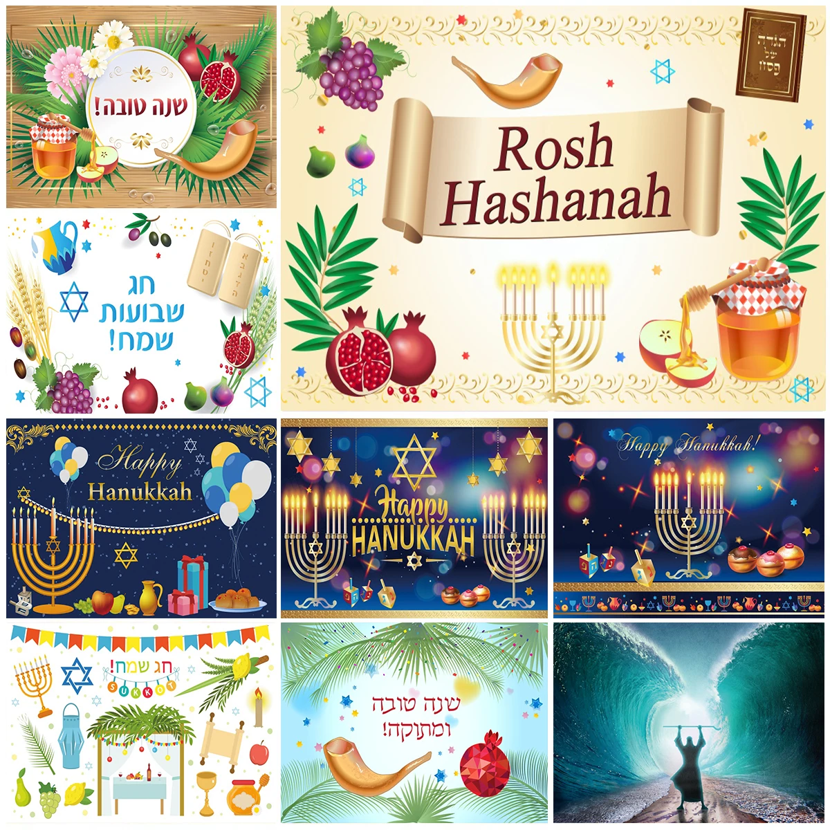 Feliz Purim Rosh Hashanah telón de fondo judío Año Nuevo Hanukkah fruta Tropical pan vela fiesta familiar fotografía fondo Deco