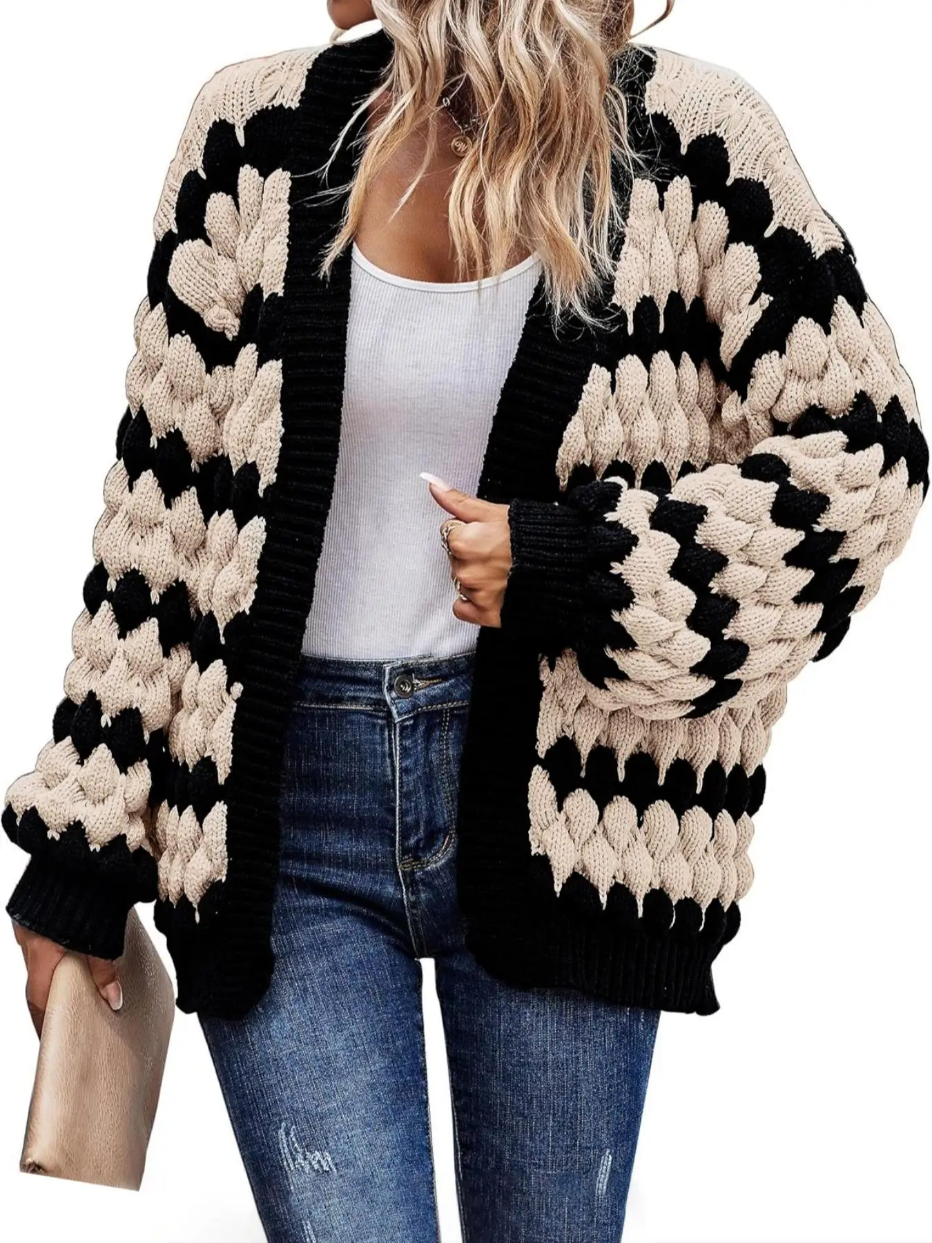 

Autumn and winter women's open collar contrasting wave stripe casual loose woolen cardigan