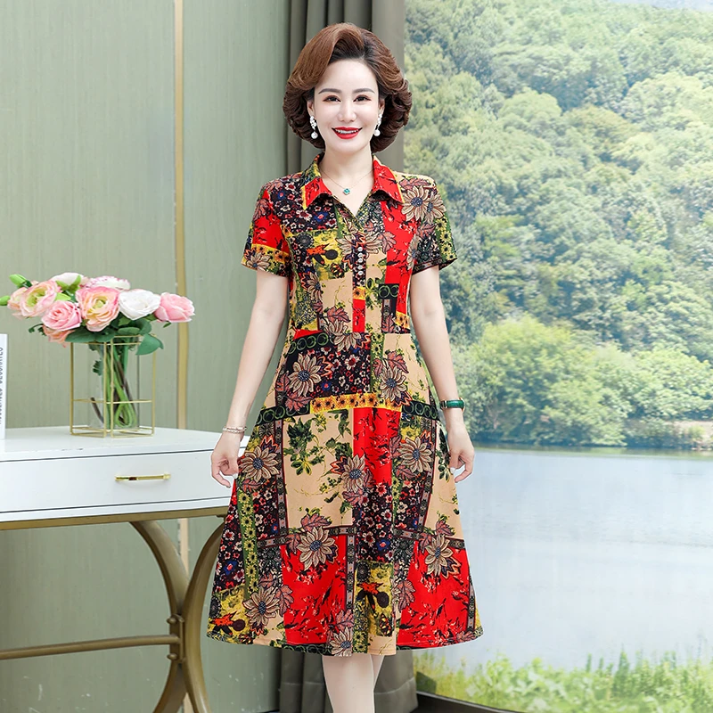 Sommer A-Linie Kleider Stilvolle dreidimensionale Dekoration weibliche Vintage gedruckt lässig ReversNeck Kurzarm Midikleid