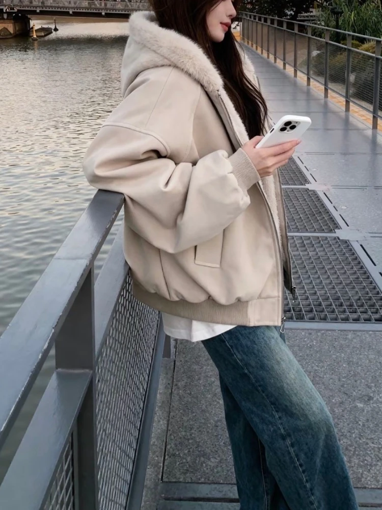 Lamb Wool Thick Hooded Cotton Coat Women Winter New Plush Jacket Loose Fit Warm Outerwear in Light Khaki Casual Cozy Style