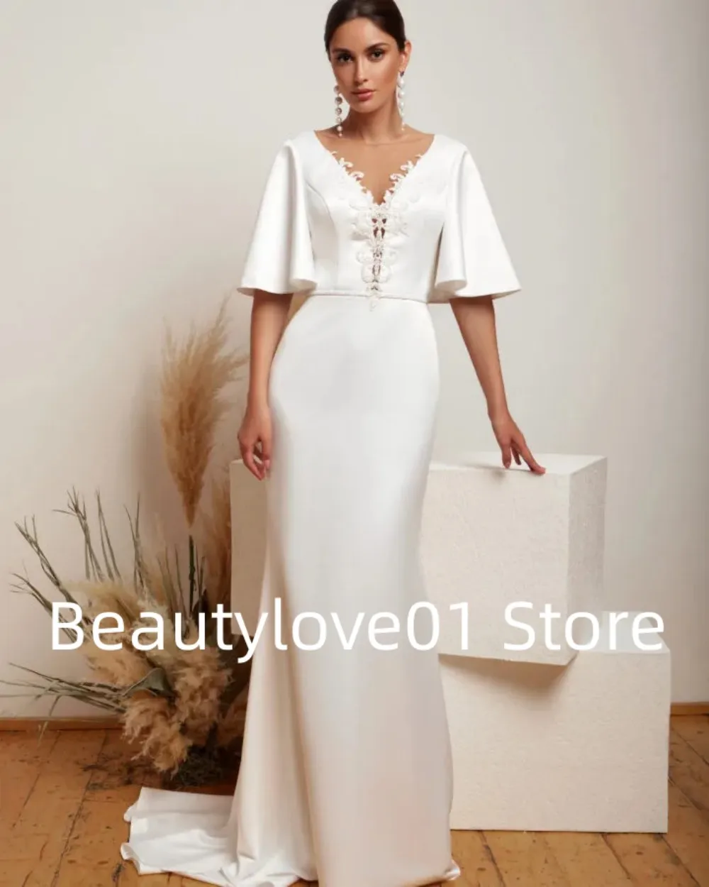 2024 Sexy Off White Evening Dress Deep V Dream Crystal Beads Slim Fit Style Butterfly Sleeves FloorMopping PartyDress Ball Dress