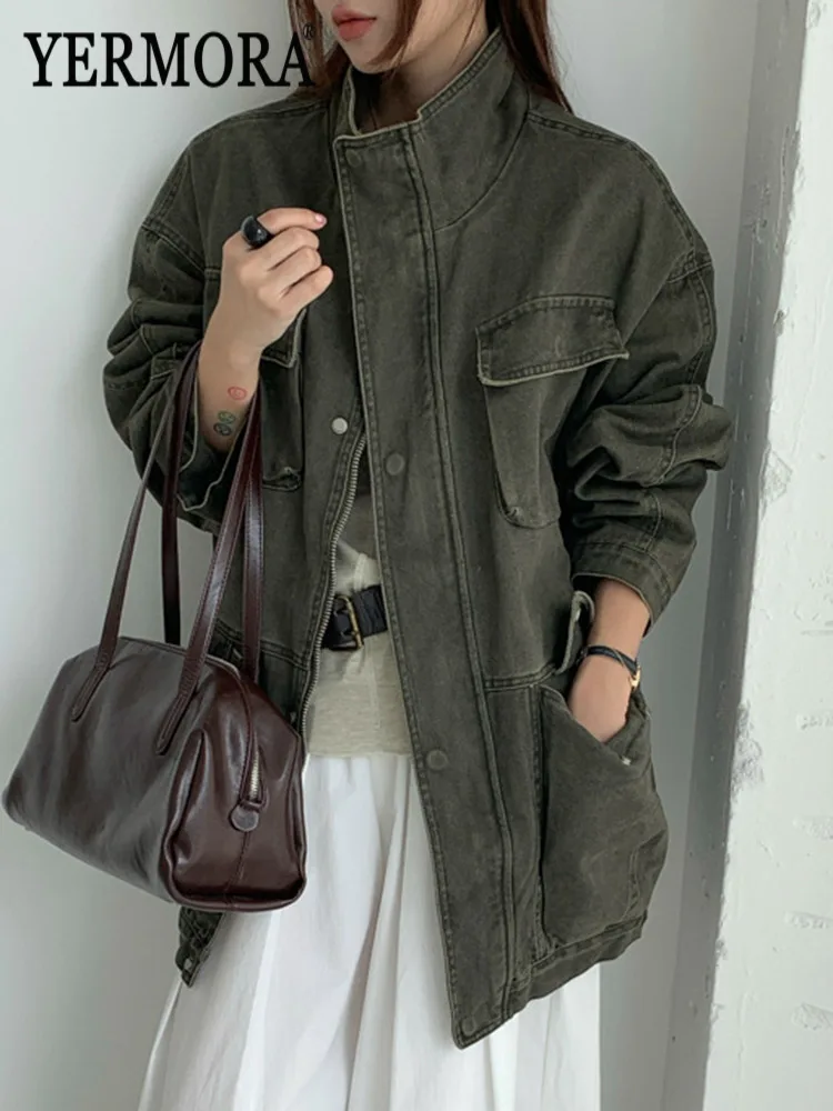 

YERMORA Army Green Pocket Zipper Vintage Cotton Jacket For Women Lapel Long Sleeve Loose New