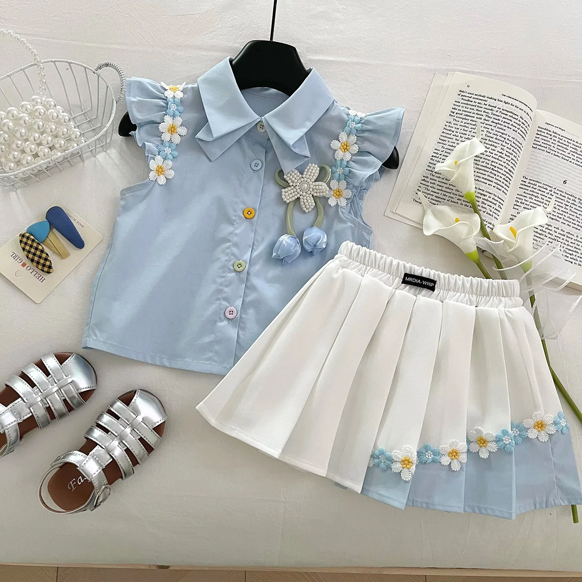 Girls Set 2025 Summer New Baby Flower Short Sleeve Top Elastic Waist Pleated Skirt Two Piece Set Children Clothing