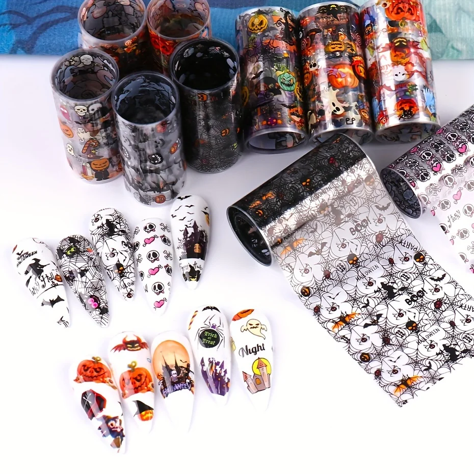 10 Rolls/Box Halloween Nail Sticker Set, Nail Transfer Stickers, Day of the Dead Nail Stickers, Pumpkin, Spider, Skull, Ghost, Holographic Starry Sky Nail Decorations, Halloween Party Nail Supplies, Nail Decorations