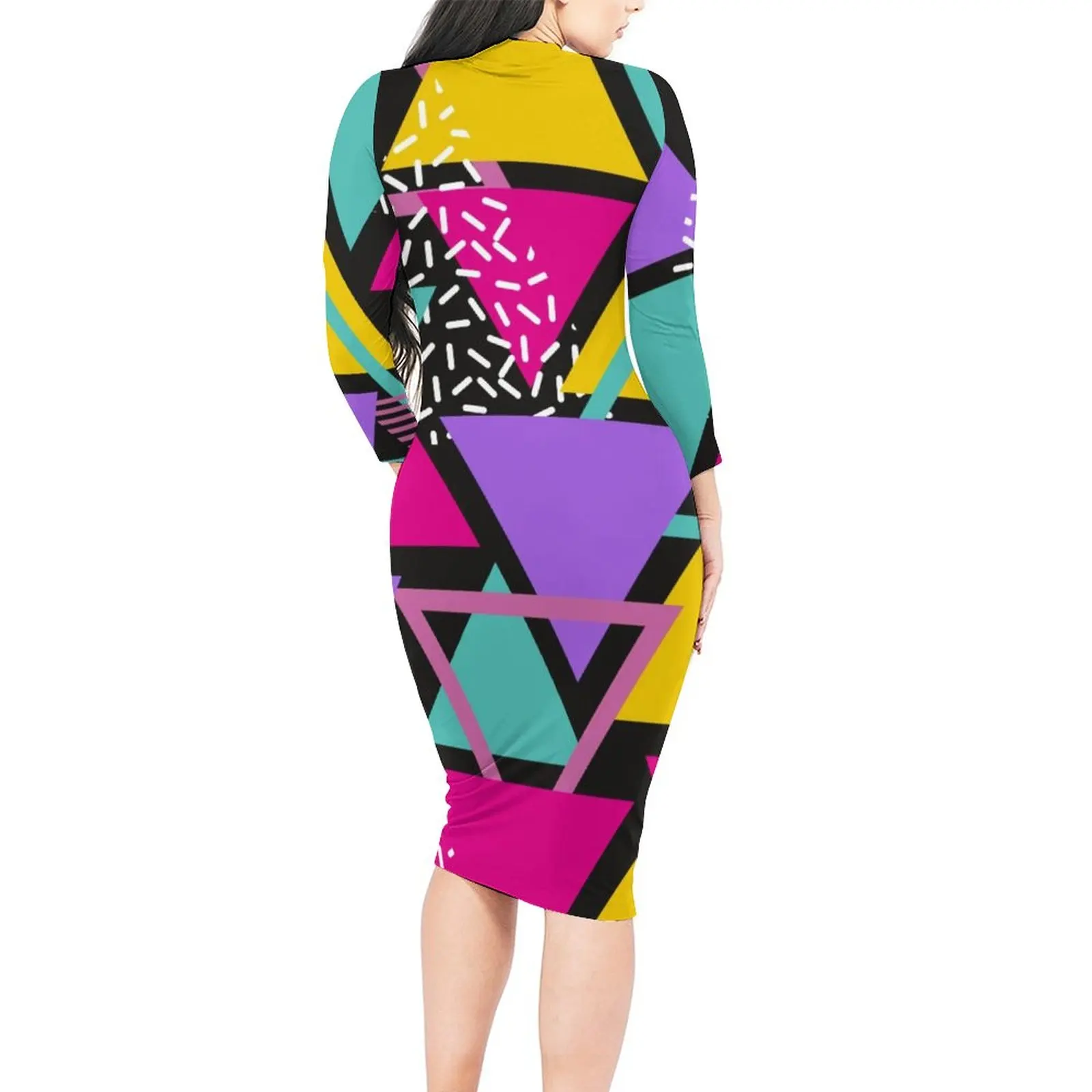 Geo Print Dress Long Sleeve Memphis Triangles Elegant Dresses Holiday Ladies Street Style Design Bodycon Dress Big Size 4XL 5XL