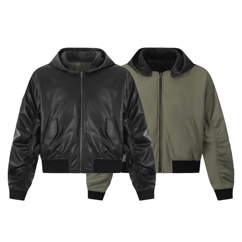 

Men Winter Double Side Wearable Padded Cotton Leather Hooded Bomber Jacket Streetwear Loose Casual Motorcycle Jacket Parkas Coat