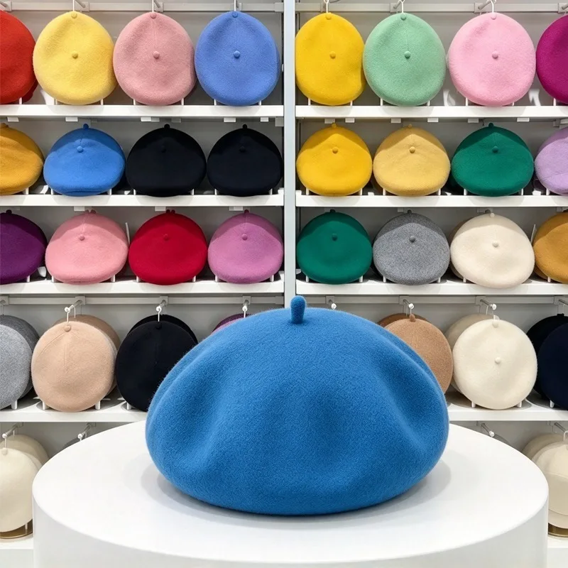 Warm Wool Colorful Beret Hat Cap Women British Style Beret Vintage Painter Cap Soft Solid Retro Beanie Casual Accessory Female