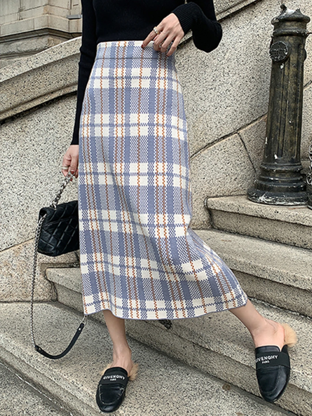

2023 New Autumn Winter Women High Waist Slim Long Skirt Korean Style High Quality Retro Mixed Color Plaid Knitted Skirt 2 Colors