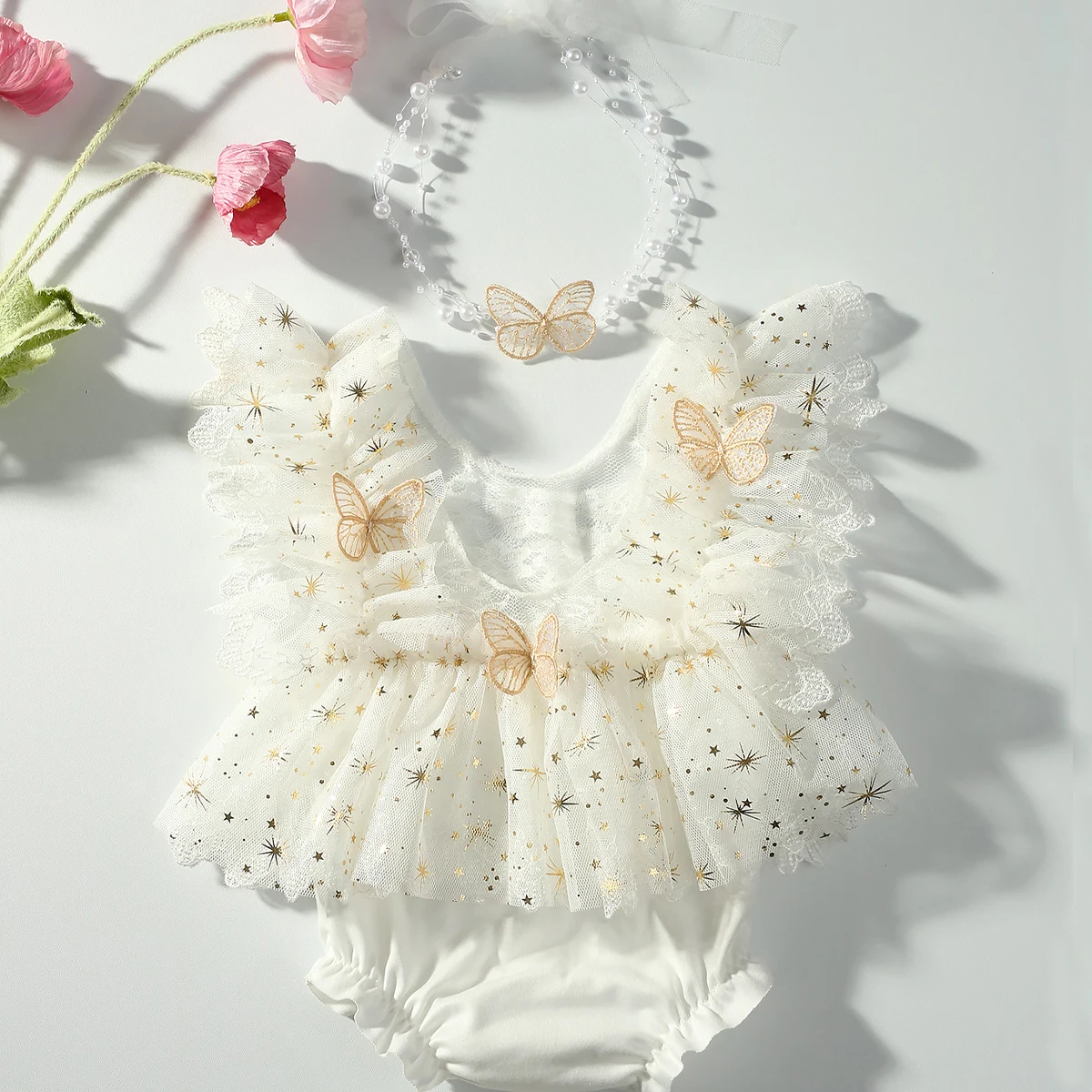 Ylsteed Newborn Photography Outfit Baby Girl Butterfly Glitter Star Lace Romper with Pearl Headband Infant Photo Props