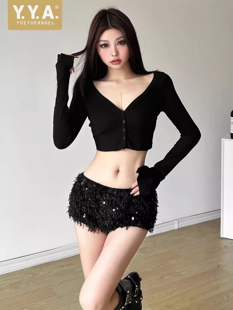 New Sexy Women Sequined Tassel Design Nightclub Black Shorts High Street Fashion Slim Fit Casual Ladies Straight Mini Trousers