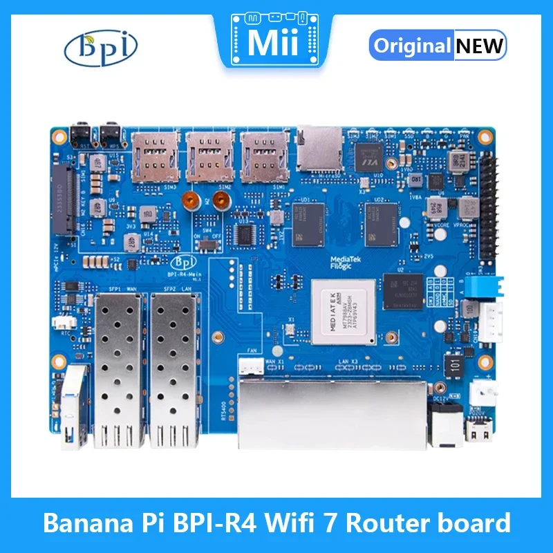 Banana Pi BPI-R4 board with MTK MT7988A design,Supports 2 SFPs, 4G RAM and 8G eMMC