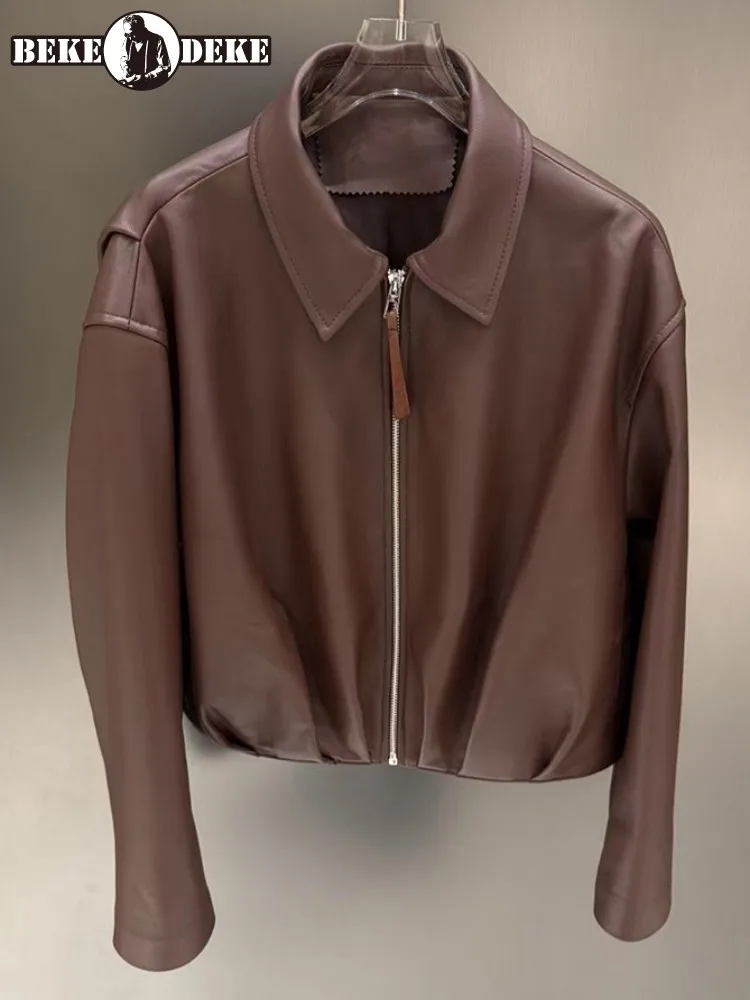 سترة مكتب للسيدات بياقة مقلوبة من الجلد الطبيعي مريحة بلون سادة من جلد الغنم وأكمام طويلة وسحاب ملابس خارجية فضفاضة