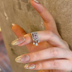 Light luxury exquisite hollow pink gems water droplet tail rings for women silver 925 sweet style tassel ring wedding jewelry
