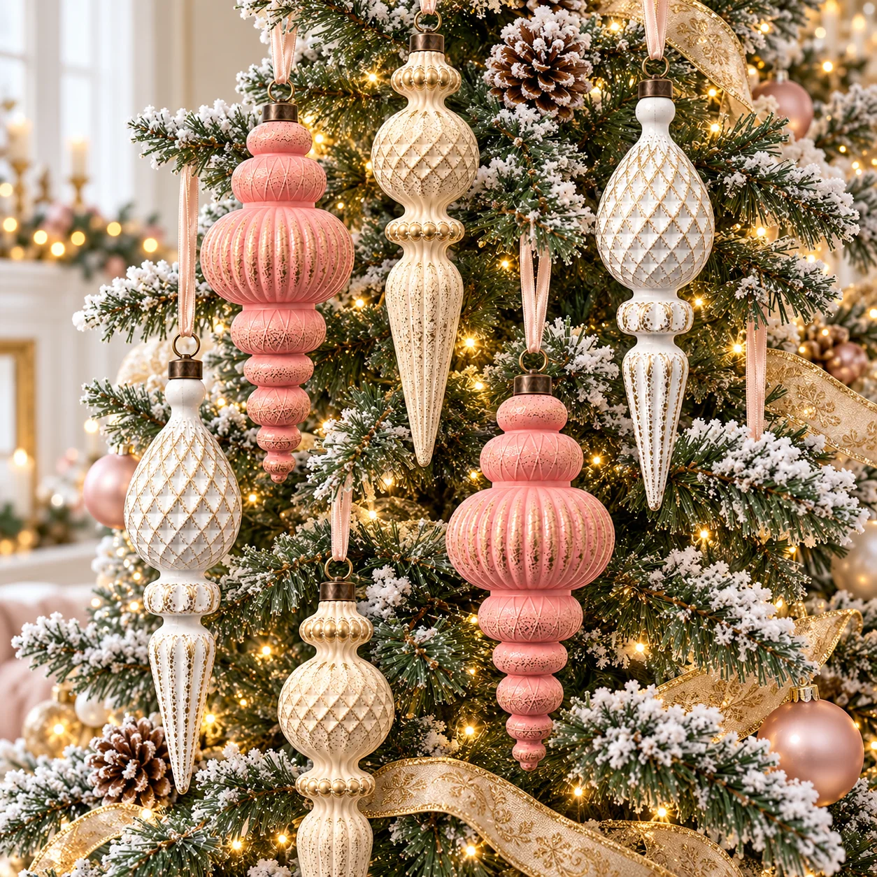 6 Pcs 14cm Pink White Gold Vintage Xmas Finial Ornaments 3 Styles Bronze Caps Unbreakable Tree Decor for Holiday Home & Party